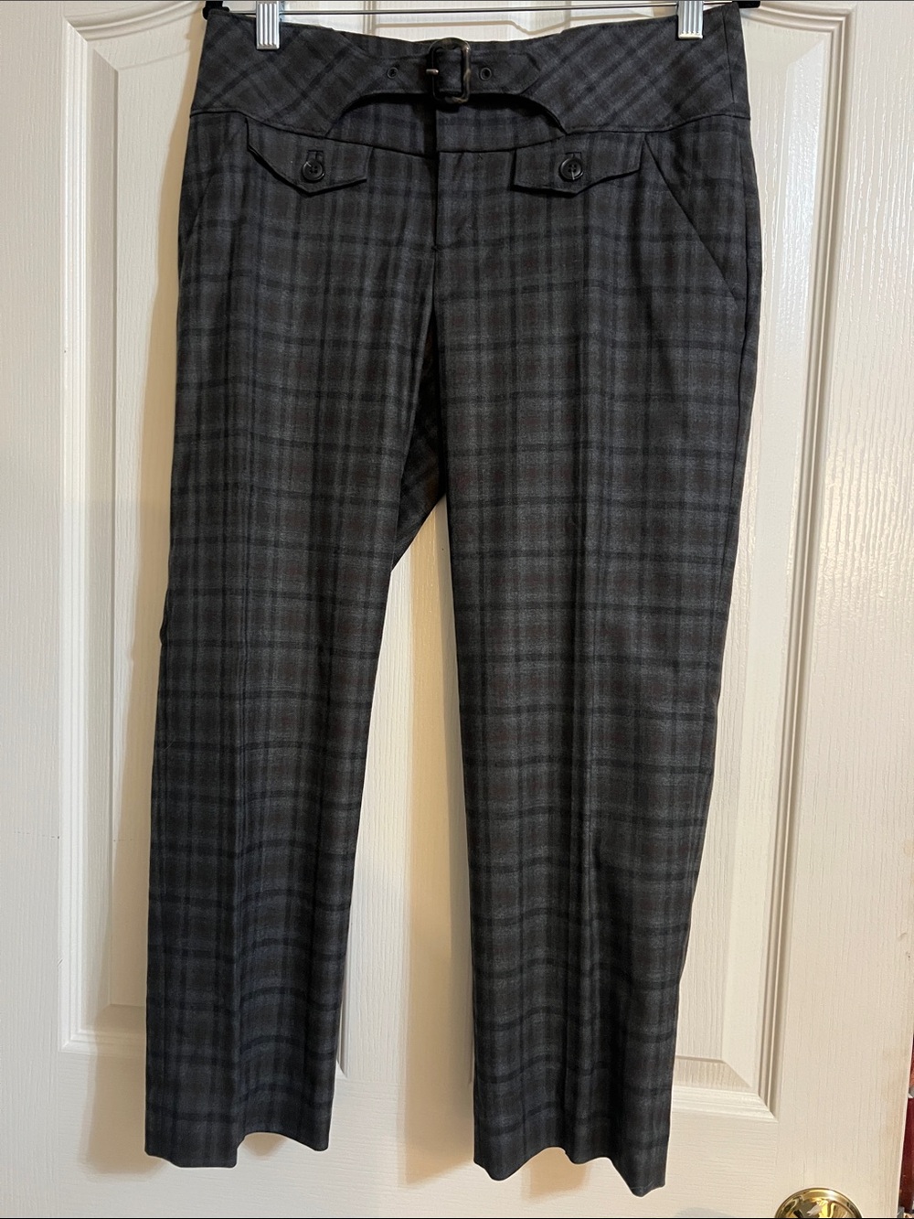 Cartonnier Women’s Dark Gray Plaid Dress Pants with Waist Belt